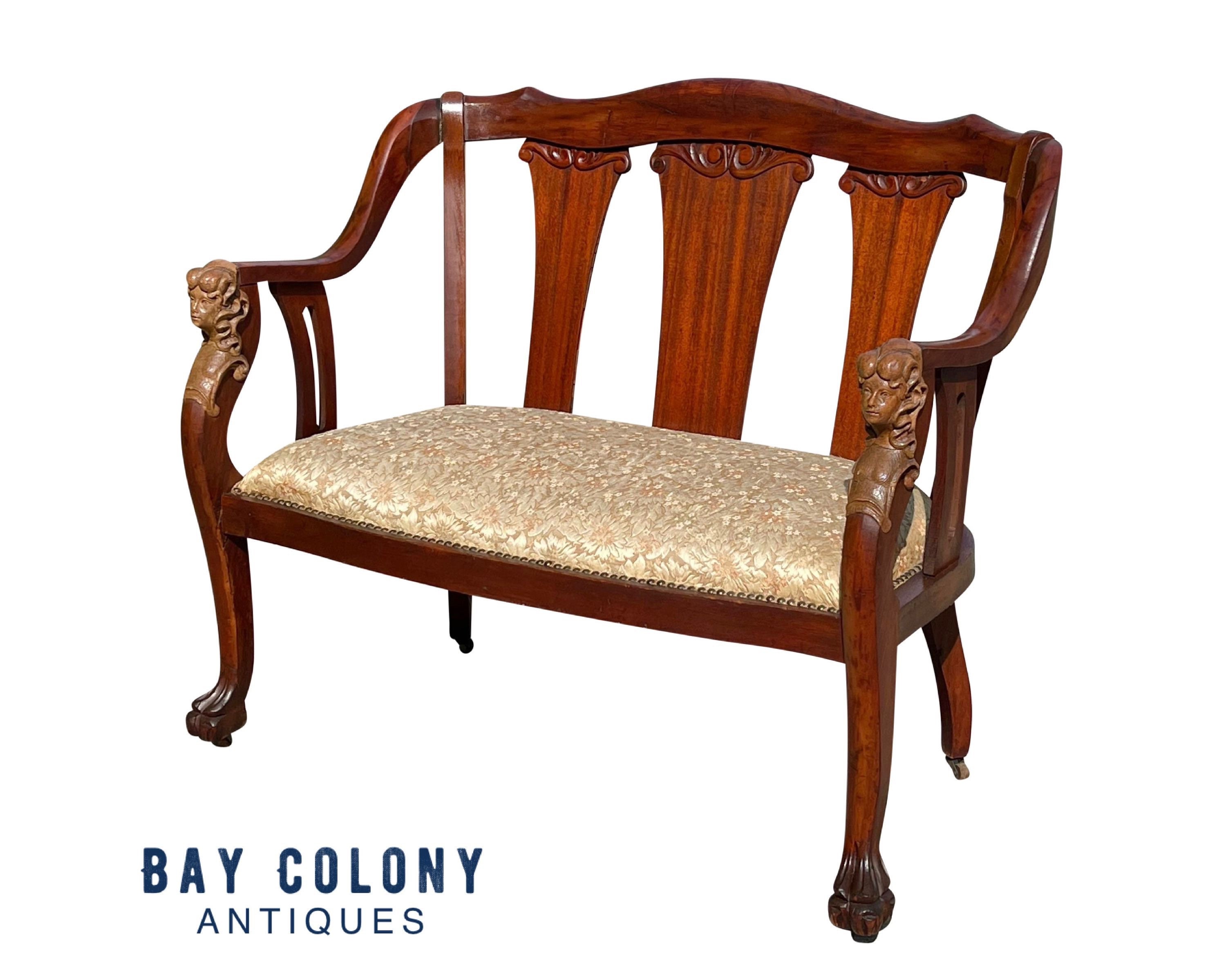 Antique Art Nouveau Mahogany Settee With Figural Carvings