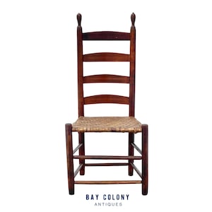 Antique Farmhouse Ladder Back Chair with Elongated Finials & Splint Seat