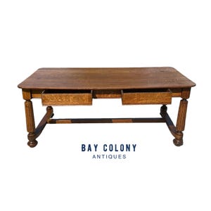 Antique Victorian Tiger Oak Library Table With Two Drawers - Six Feet Long