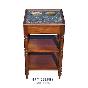 Antique French Mahogany Marble Top Wine Table with Blind Drawer & Copper Basins
