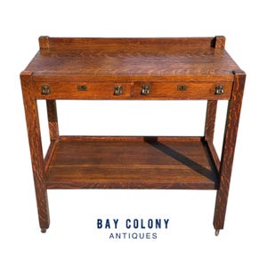 Antique Arts & Crafts Mission Tiger Oak Two Drawer Dining Server - All Original