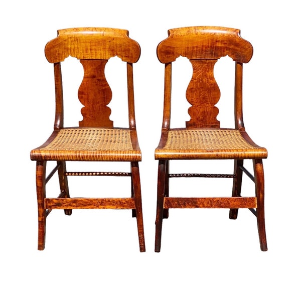 Antique Pair of Tiger Maple & Bird's Eye Maple Side Chairs with Cane Seats