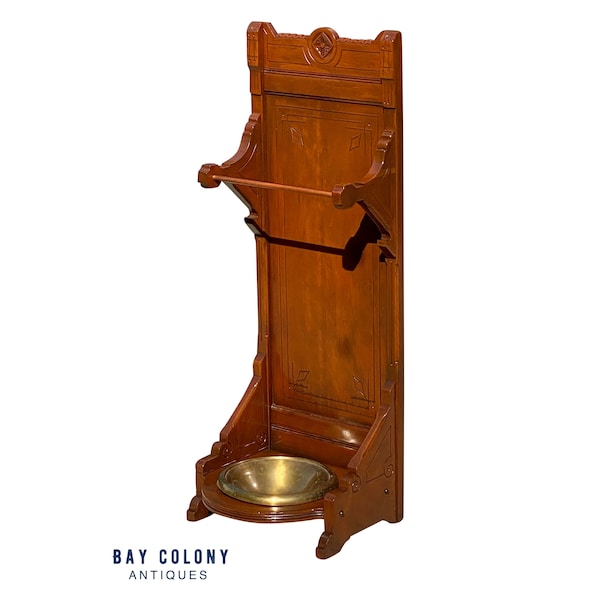 Antique Eastlake Victorian Cherry Umbrella Stand With Original Brass Water Basin
