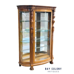 Antique Victorian Oak Griffin Carved Curved Glass China Cabinet by R.J. Horner