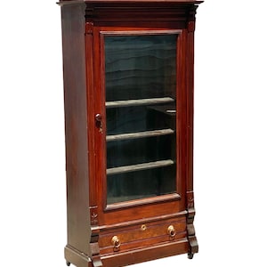 Antique Victorian Bookcase / China Cabinet with Glass Door & Freemason Carvings