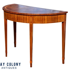 20th Century Antique Mahogany & Satinwood Demilune Console Table With Bellflower Inlays