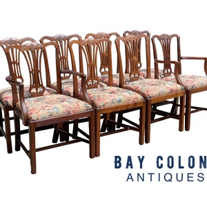 19th Century Set Of 8 Antique Mahogany Chippendale Dining Chairs With Floral Seats