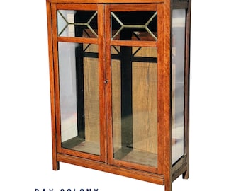 Antique Arts & Crafts Mission Oak Double Door China Cabinet with Leaded Panels