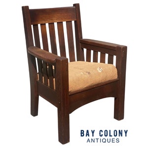 Antique Arts & Crafts Harden Tiger Oak Slatted Arm Chair