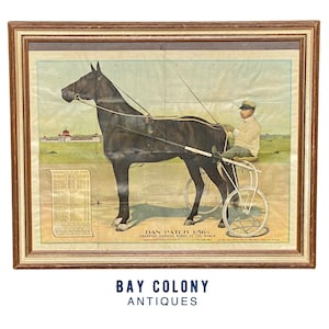 May include: A framed vintage poster featuring a black racehorse named "Dan Patch 1:56 1/4" with a driver in a sulky. The poster reads "Champion Harness Horse of the World".