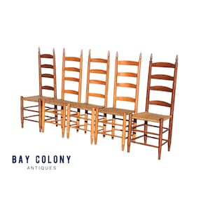 Vintage Set of 5 Country Primitive Ladderback Dining Chairs With Splint Seats