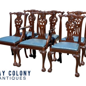 19th Century Antique Set Of 6 Irish Chippendale Mahogany Dining Chairs ~ Leather Seats & Highly Carved