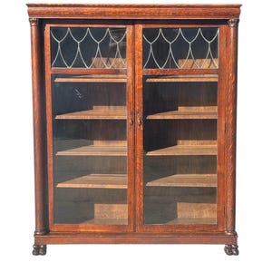Antique Victorian Tiger Oak Double Door Bookcase With Shield Formed Leaded Glass