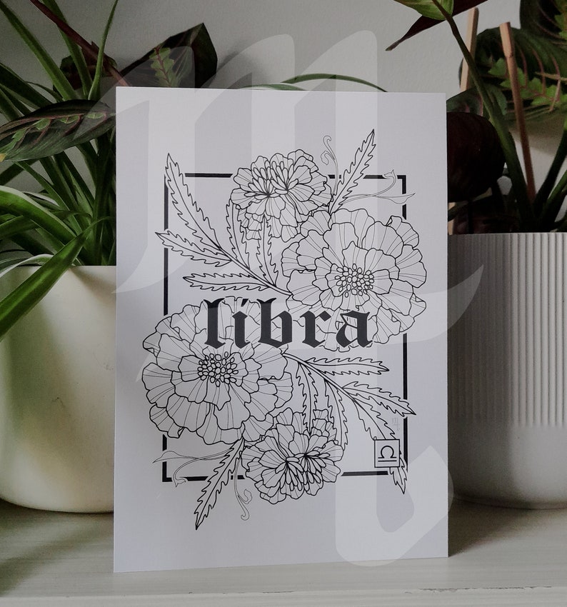 Libra Zodiac Flower Print Marigold Etsy