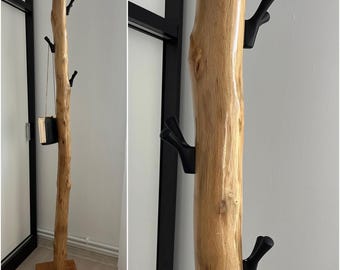 Perchero de pie rústico de roble – Madera maciza con ganchos de metal negro – Soporte de entrada hecho a mano