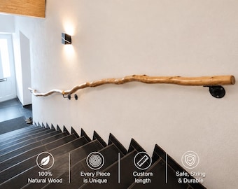 Barandilla de escalera de madera, barandilla de roble macizo, barandilla de pared, longitud personalizada, barandilla de escalera rústica moderna
