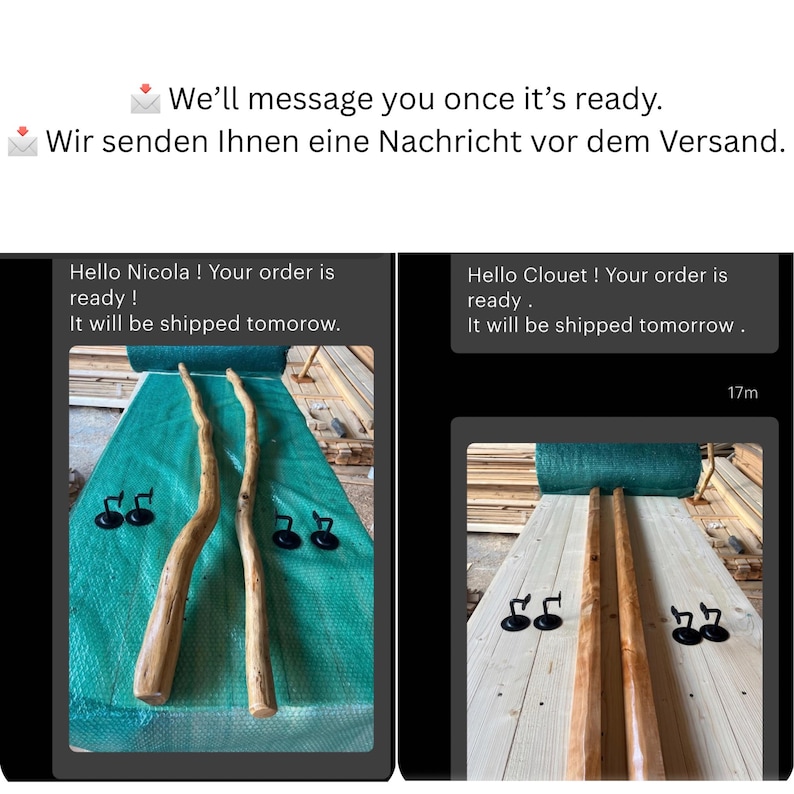 May include: Two wooden walking sticks with a natural, light brown finish, displayed on a green surface. The image also shows two sets of black metal hooks. Text on the image says "Hello Nicola! Your order is ready! It will be shipped tomorrow."
