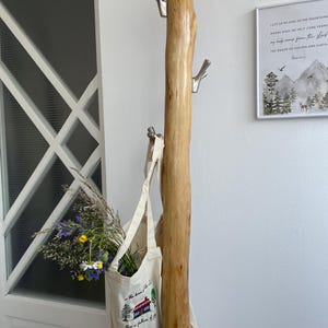 May include: A natural wood coat rack with three silver hooks. A canvas tote bag with a house graphic and text hangs from the bottom hook. The bag is filled with wildflowers. A framed print hangs on the wall.