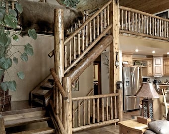 Barandilla rústica de troncos de roble: pasamanos de madera maciza para escaleras y balcones, hecho a mano