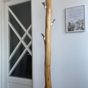 May include: A tall, natural wood coat rack with three silver hooks. The rack is made from a single, light-colored tree trunk and stands against a white wall. A framed print with a mountain scene hangs nearby.