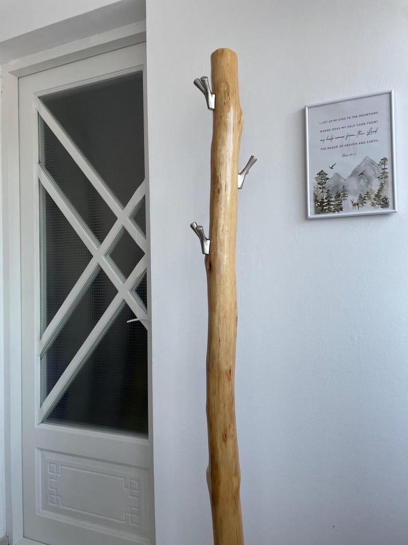 May include: A tall, natural wood coat rack with three silver hooks. The rack is made from a single, light-colored tree trunk and stands against a white wall. A framed print with a mountain scene hangs nearby.