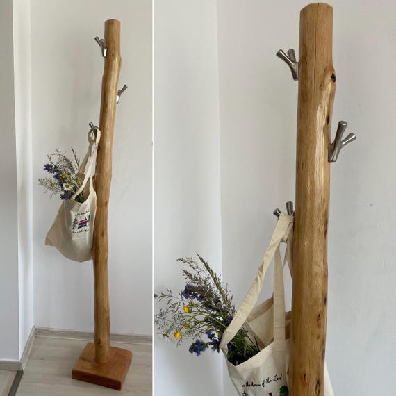 Rustic Oak Free-Standing Coat Rack – Solid Wood with Silver Metal Hooks – Handmade Entryway Stand