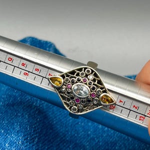 Ross Simons Size 11 Multi Gemstone Ring Sterling Silver Filigree Ring, Citrine Lab Ruby Spinel Blue Topaz. 7G