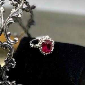 Lab Grown Ruby Ring, Cushion Cut, Rhodium Plated, Size 8, 5 Carat Approximate