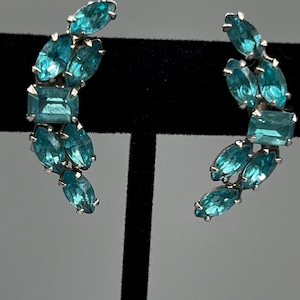 WWII Era Sterling Silver Blue Glass Ear Climbers, 1940s Wartime Jewelry,