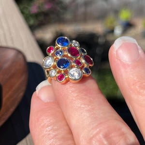 Ross Simons Multi Gemstone Bubble Ring Size 5 | Created Ruby Sapphire & CZ Bezel Cluster Cocktail Pinky Ring | 18k Gold over Sterling Silver
