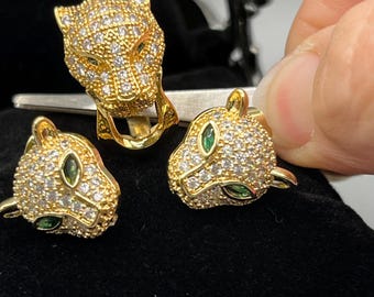 Gold Panther Lion Head Jewelry Set • Size 7 Pavé Crystal Ring