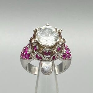 Vintage Sally C Treasures  Sterling Silver Crown Ring, Natural Ruby White Topaz Statement, Size 7