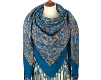 High quality Pavlovo Posad shawl "Mysterious evening" 100% wool with silk fringe. 148x148cm. Perfect gift for her.