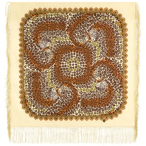 Hoogwaardige Pavlovo Posad-sjaal &quot;Luipaarden&quot; van 100% wol met zijden franje. 89 x 89 cm. Perfect cadeau voor haar.