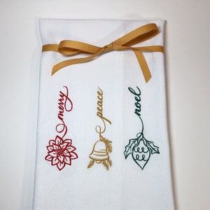 Embroidered Cotton Towel, Festive Calligraphy, Christmas Decor, Kitchen Decor, Hand Towel, Dish Towel, Kitchen Towel