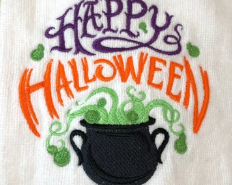 Embroidered Velour/Terry Towel Set, Happy Halloween Cauldron, Halloween Decor, Fall Decor, Hand Towel, Dish Towel, Kitchen Towel