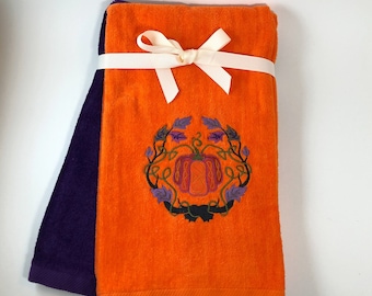 Embroidered Velour/Terry Towel Set, Celtic Harvest Pumpkin Circle, Fall Decor, Hand Towel, Dish Towel, Kitchen Towel