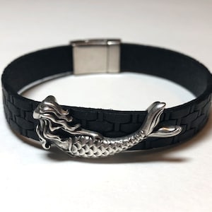 Mermaid Flat Leather Bracelet, Slider Charm, Magnetic Clasp, Bohemian, Boho