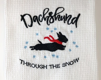 Besticktes Frotteetuch, Dackel durch den Schnee, Winterdeko, Küchendeko, Geschirrtuch, Küchentuch, Geschirrtuch, Küchentuch
