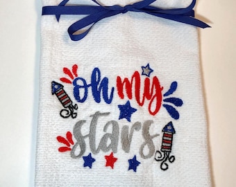 Embroidered Terry Towel, oh my stars, Patriotic Decor, Kitchen Decor, Hand Towel, Dish Towel, Kitchen Towel