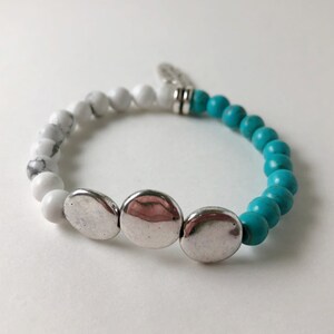 White and Blue Howlite Stretch Bracelet, Disc beads, Feather Charm, Boho, Stretchy