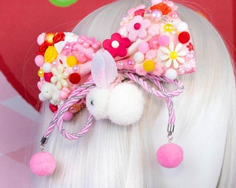 Kawaii Cute Pink Bunny and Flowers Japanese Style Hair Bow Hair Clip Bowtie, Harajuku Style