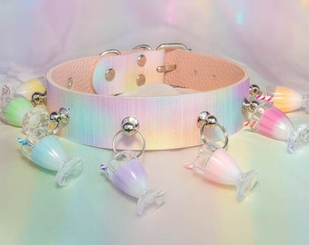 Gargantilla y collar con bebida de colores arcoíris pastel kawaii