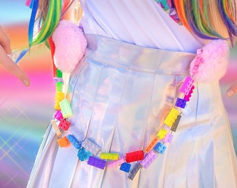 Kawaii Lindo Arco Iris Color Construcción Bloque Pantalones Falda Cadena