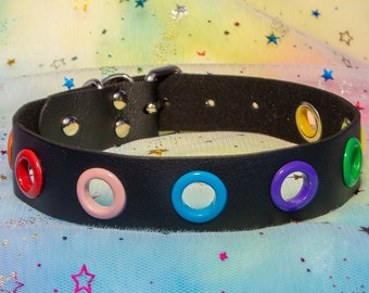 Kawaii Cute Rainbow Color Rings on Black Faux Leather Choker, Necklace