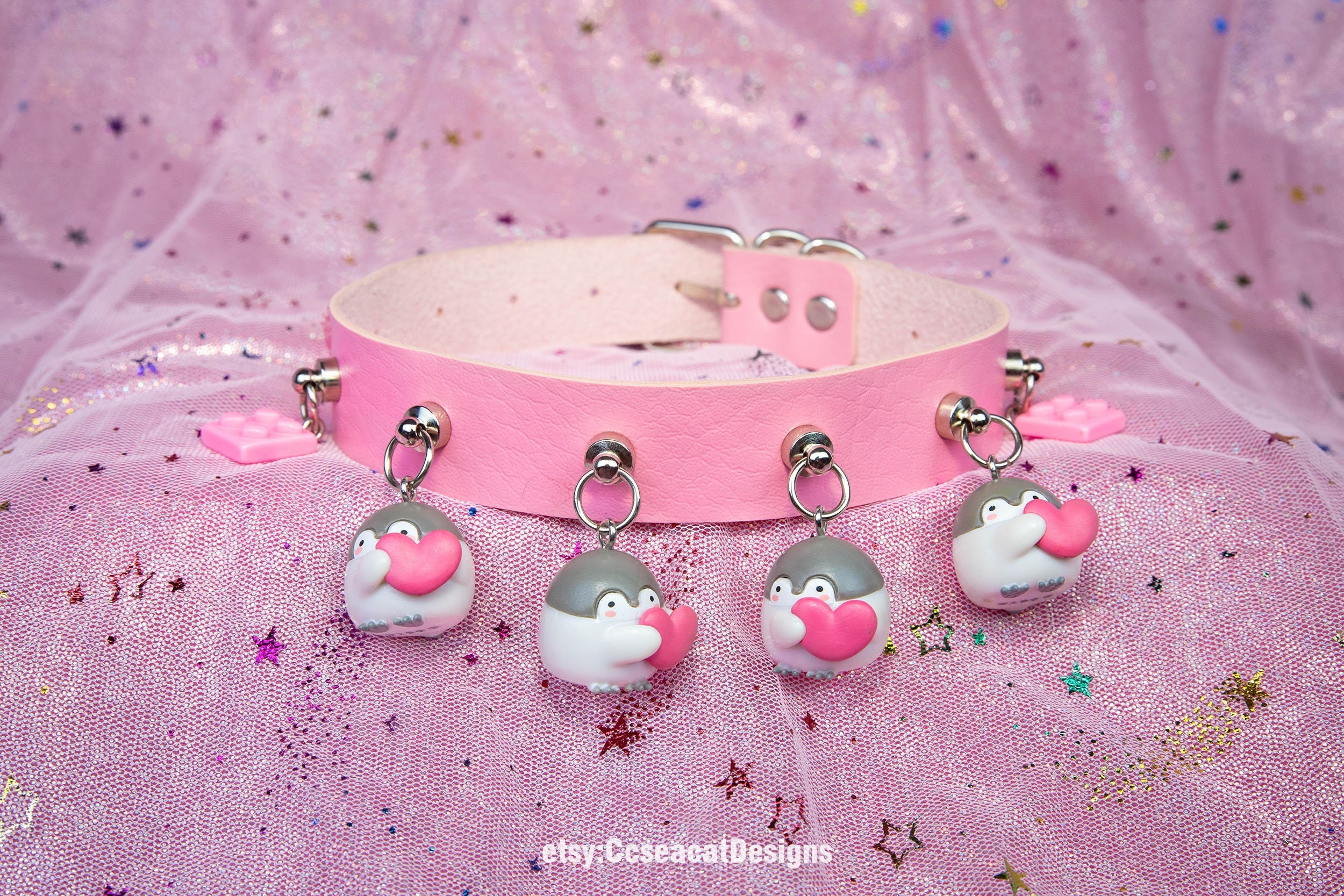 Kawaii Cute Penguins Pink Faux Leather Choker Charm Necklace