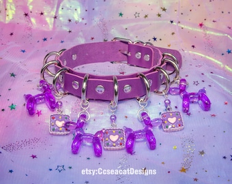 Kawaii Cute Purple Balloon Dog Faux Leather Choker, Necklace