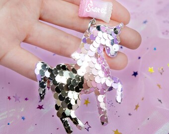 Kawaii Sparkling Sequin Light Pink and Purple Horse Earrings