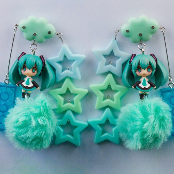 Cute Hatsune Miku Earrings from Gashapon Japanese Capsule Toy Machine, Kawaii Gift, Harajuku Fashion