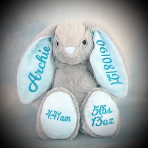 Personalised Bunny Teddy New Baby Birth Bridesmaid Flower girl Page Boy Baptism Christening Gift pink blue or white Soft Toy